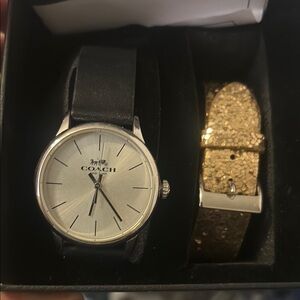 Coach Silver Watch with Black Leather Strap